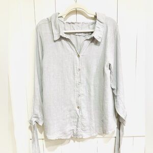 Tempo Paris Linen Button Down Blouse Light Gray Tie Sleeve Top Medium